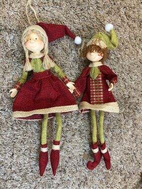 Holiday Red and Green Fabric Elf Pair - Festive Home Accent
